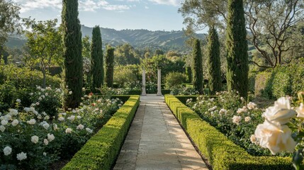 Serene Garden Pathway Surrounded by Lush Greenery and Roses