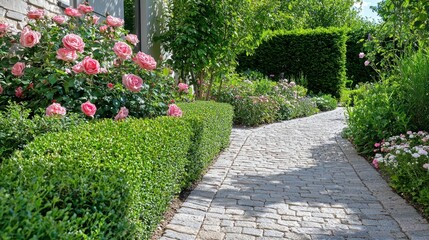 Obraz premium Serene Garden Pathway Surrounded by Lush Pink Roses and Greenery