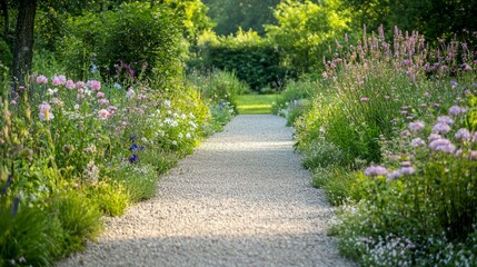 Obraz premium Serene Garden Pathway Surrounded by Colorful Floral Blooms