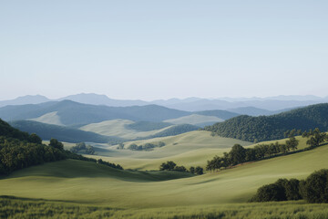 Naklejka premium Rolling Hills and Serene Skies: A breathtaking panorama of rolling hills bathed in the soft light of day, with layers of green fields and distant mountains under a vast, clear sky.