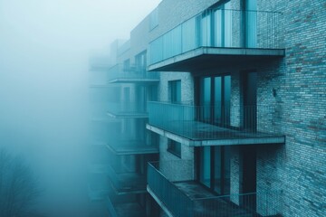 Fototapeta premium Sleek apartments stand shrouded in dense fog, creating an ethereal atmosphere. The subdued light highlights the architecture's minimalist design during early morning hours. Generative AI