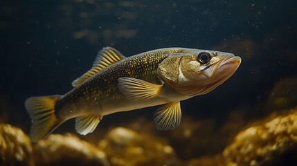 Underwater fish swimming freely with fins in focus near rocks with clear water for nature