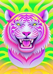 Fototapeta premium Vibrant Colorful Tiger Fierce Expression Artistic Style Bright Background