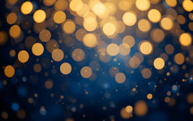 Abstract dark blue and gold particle background with Christmas golden light bokeh, shining particles on navy blue