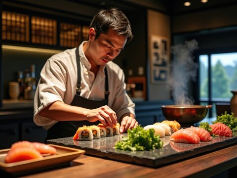 Chef preparando sushi en un restaurante japonés con precisión y con ingredientes frescos
