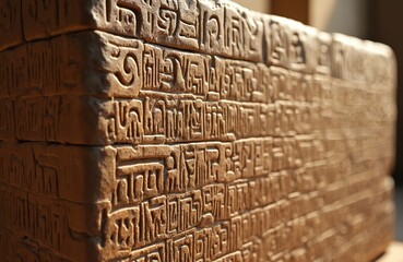 Close-up of ancient cuneiform script on stone tablet. Historical artifact from Mesopotamia civilization. Writing with language symbols, hieroglyphs on old antique relic for education, research.