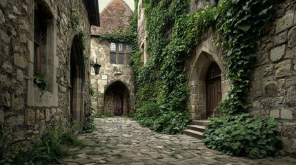 Fototapeta premium Ancient Stone Alleyway Surrounded by Lush Green Vines and Flora