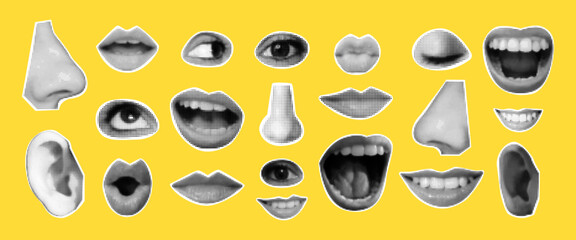 Halftone collage elements on yellow background. Set of dotted texture eyes, lips, nose, ears. Pop art facial parts, cutout stickers.