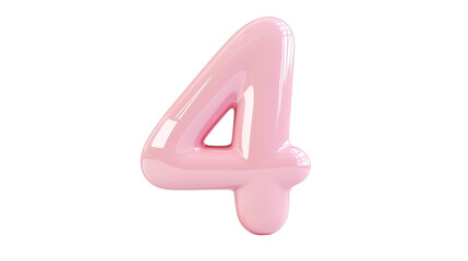 pink inflatable 3d &ldquo;4&rdquo; letter made of glossy latex on transparent background, png