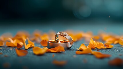 Elegant golden wedding rings resting delicately on a bed of soft petals creating a luxurious and romantic atmosphere  This image captures the essence of love commitment