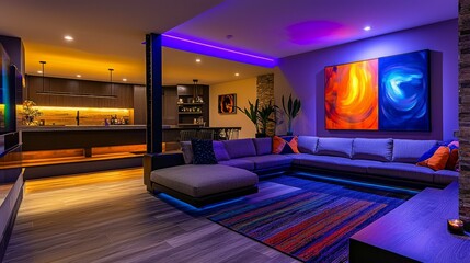 Modern Living Room with Colorful Accent Lighting and Art
