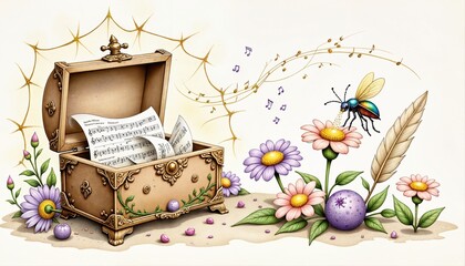 Vintage Chest with Musical Sheet Music and Butterfly