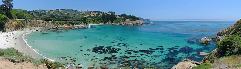 Fototapeta premium A serene coastal view featuring clear turquoise waters, rocky shores, and lush greenery under a bright blue sky.