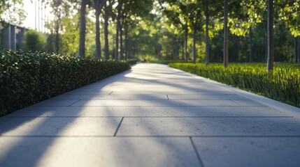 Serene Pathway Through Lush Green Park with Sunlight Filtering Through