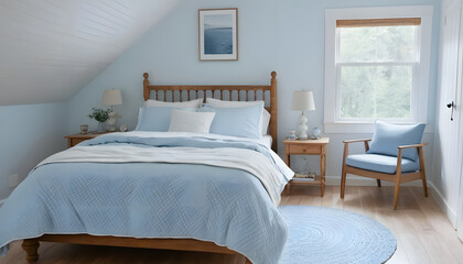 Serene Sky-Blue Bedroom with Cozy Armchair and Bright Natural Light
