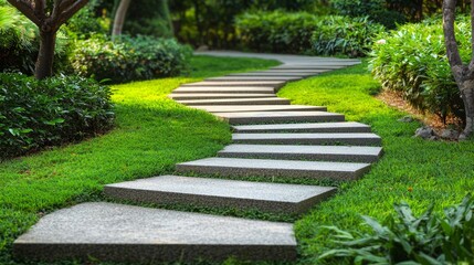 Serene Curved Stone Pathway Through Lush Green Garden Landscape