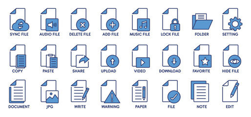 Files icon set in line style, Containing notes, edit, write, folder, add file, JPG file, document, share file , copy file, setting and more, vector illustration