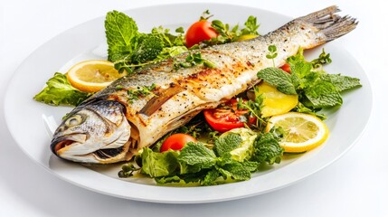 Flavorful steamed sea bass with lemon and mint, captured on a minimalist white background --chaos 20 --ar 16:9 --quality 2 --v 6.1 Job ID: b69da3da-12b7-439a-a766-b6bf5f29ace6