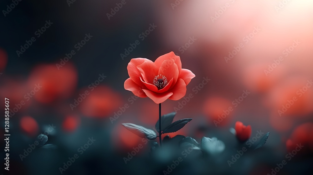 Poster elegant red roses arranged in a symmetrical pattern against a soft blurred floral background with a 