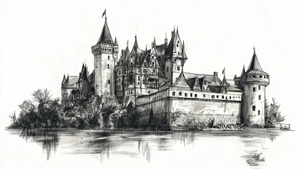 Obraz premium Medieval castle sketch in black and white with detailed towers and stone walls surrounded by water