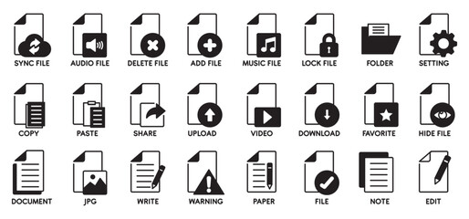 Files icon set in line style, Containing notes, edit, write, folder, add file, JPG file, document, share file , copy file, setting and more, vector illustration