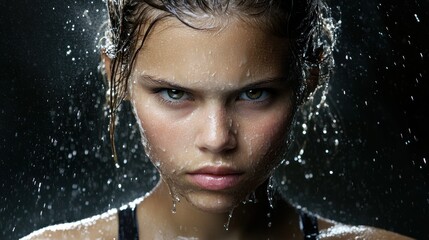 Teen girl, drenched, intense stare, dark background, studio portrait