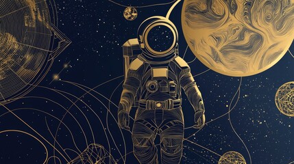 Art Deco Inspired Astronaut Retro Poster with Geometric Golden Elements