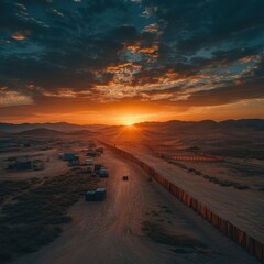 Fototapeta premium Sunset Over Desert Landscape with Border Wall and Vehicles