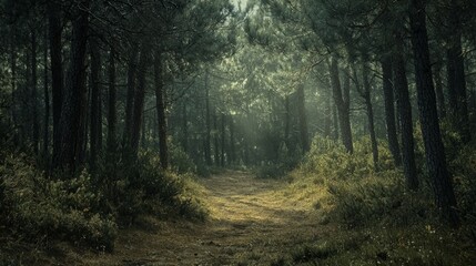 Tranquil Forest Pathway Surrounded by Lush Greenery and Light