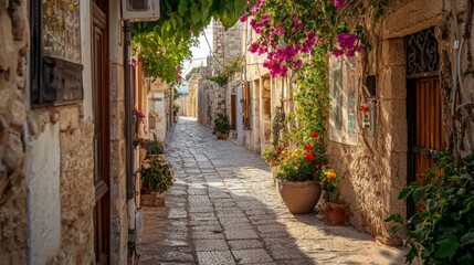Fototapeta premium Charming Sunlit Alleyway with Vibrant Flowers in Historic Village