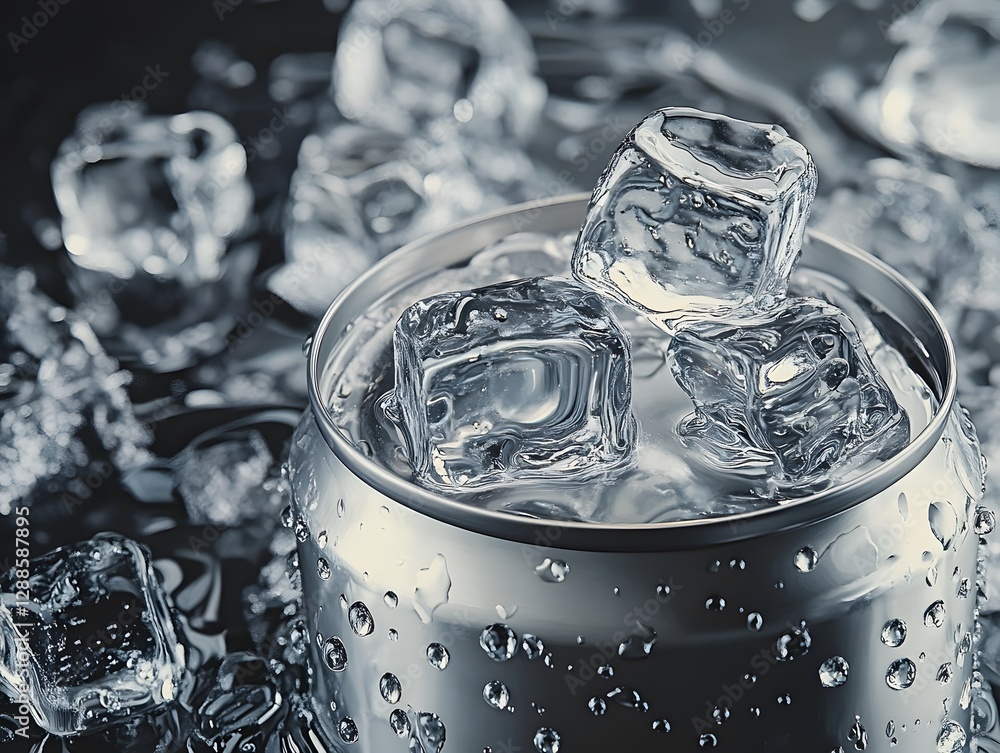 Poster a chilled can of beverage filled with sparkling water and ice cubes, creating a refreshing atmospher