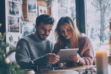 A man and woman are sitting at a table looking at a tablet