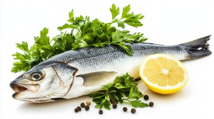 Steamed sea bass garnished with lemon and parsley, isolated on a clean white backdrop --chaos 20 --ar 16:9 --quality 2 --v 6.1 Job ID: cc02fdf6-d419-4fb3-a670-a395cbb25008