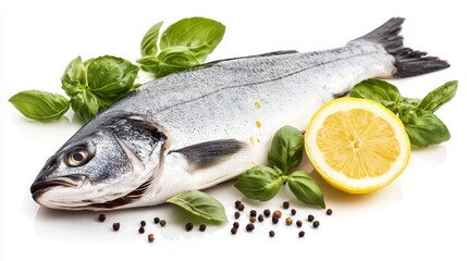 Steamed sea bass with lemon and basil, isolated on a clean white backdrop --chaos 20 --ar 16:9 --quality 2 --v 6.1 Job ID: 9971ec61-c57a-4b65-8c71-59077c051e77