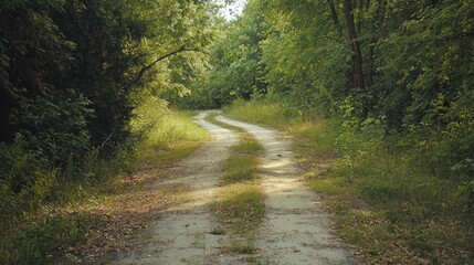 Obraz premium Serene Curved Pathway Through Lush Green Forest Landscape