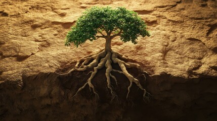 Lush Green Tree with Exposed Roots on Sandy Earth Surfaces