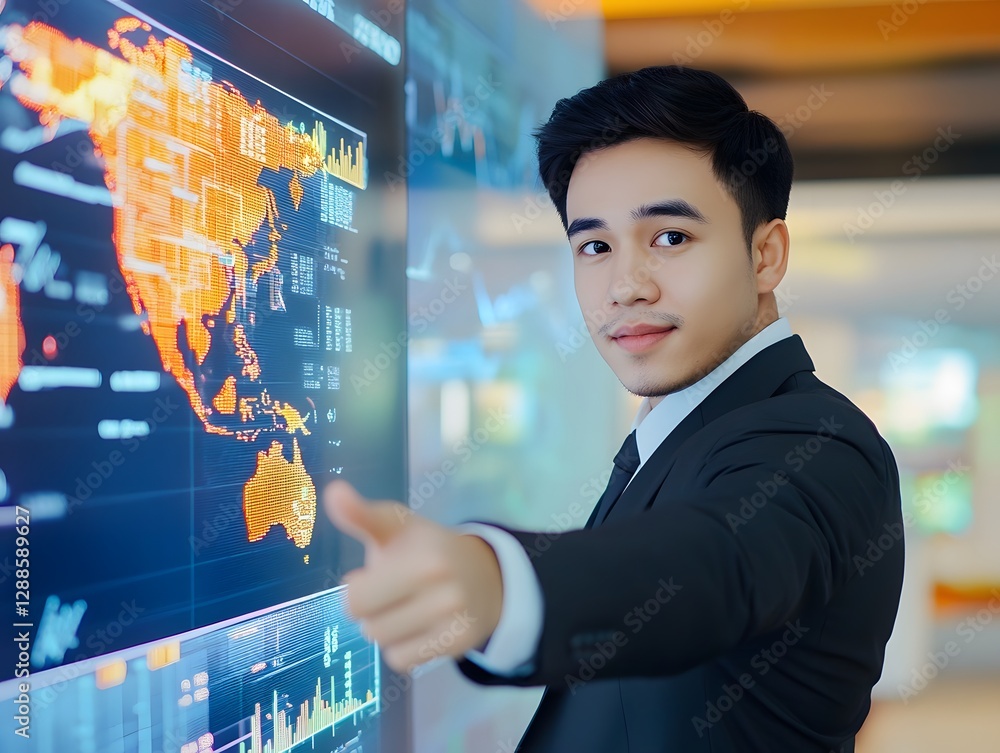 Poster a confident business professional pointing towards a data visualization screen, showcasing analytica