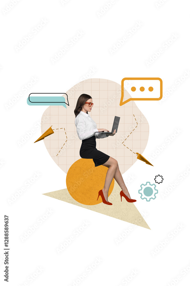 Poster vertical photo picture image collage business lady working remote chatting send message airplane rep