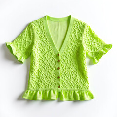 Obraz premium Neon green short sleeve knit cardigan on white. Woman apparel, classic summer clothes. Colorful, empty fashion sweater with wooden buttons. Cotton fabric, textured style object. Horizontal studio