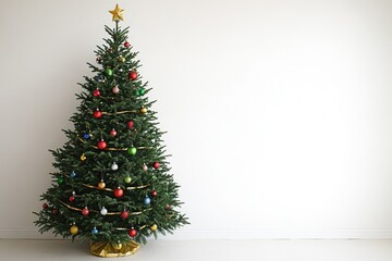 Decorated Christmas tree against white wall; holiday background