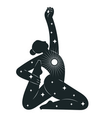 Spiritual female silhouette with shining sun and stars, concept of power and strength within. Hand drawn isolated vector illustration