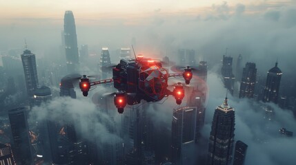Futuristic Drone Over Cityscape at Dusk with Mist and Skyscrapers Glowing in Red Lights