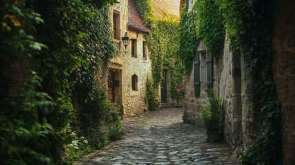 Charming cobblestone alleyway lined with lush greenery and flowers