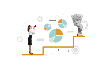 Artwork collage picture of mini elegant girl speak loudspeaker toa big black white colors arm hold dollar bills stats diagram dialogue bubble