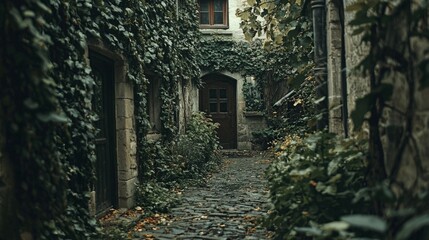 Obraz premium Enchanting Overgrown Alleyway in Historical Stone Village