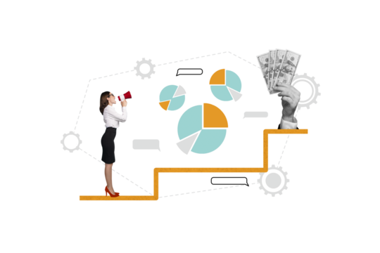 Artwork collage picture of mini elegant girl speak loudspeaker toa big black white colors arm hold dollar bills stats diagram dialogue bubble