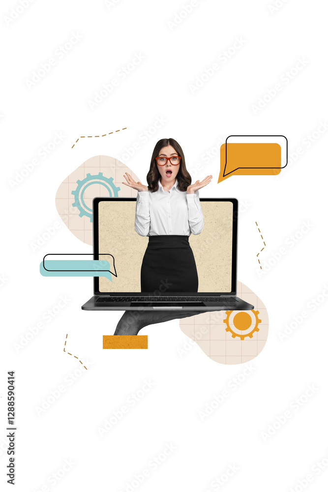 Poster vertical collage image of black white effect arm hold netbook display mini impressed elegant girl di