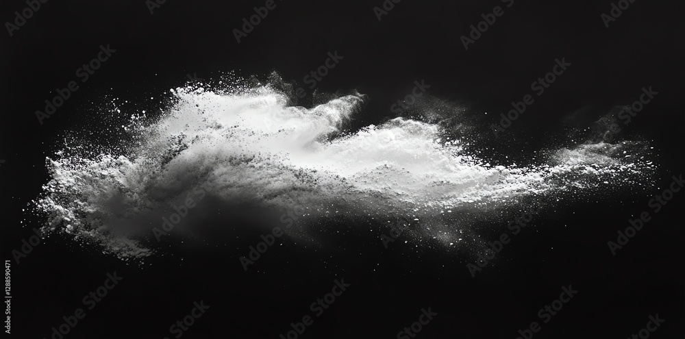 Poster white powder explosion on black background creating an abstract cloud shape