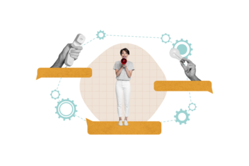 3d retro creative artwork template collage of excited boss asking successful working start up ideas isolated beige color background