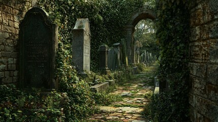 Obraz premium Serene Graveyard Pathway Surrounded by Overgrown Nature and Stones